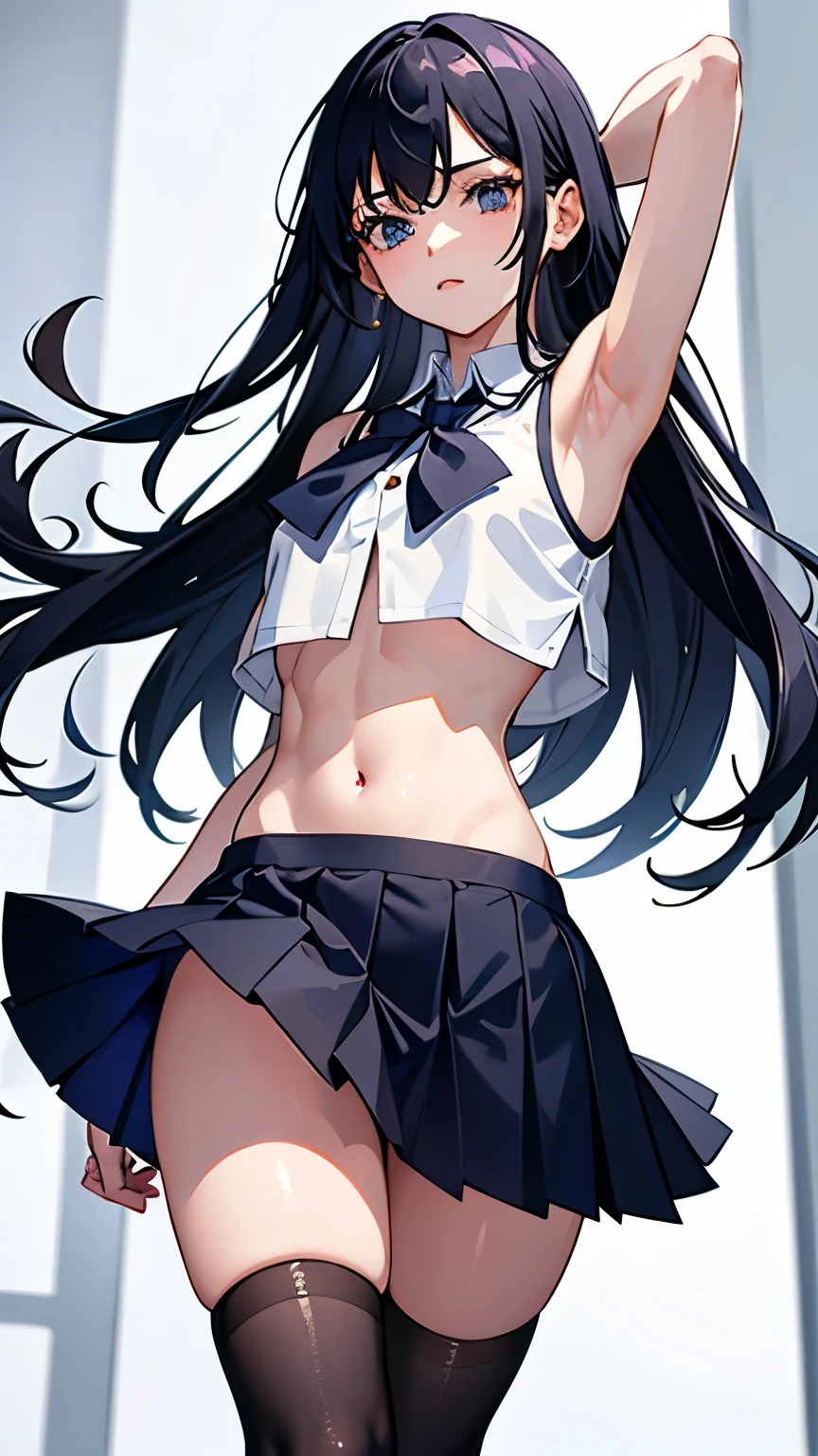A age girl in a school uniforms, wearing a crop top, sleeveless, showing her midriff, short skirt, thighhighs, nsfw, masterpiece, best quality