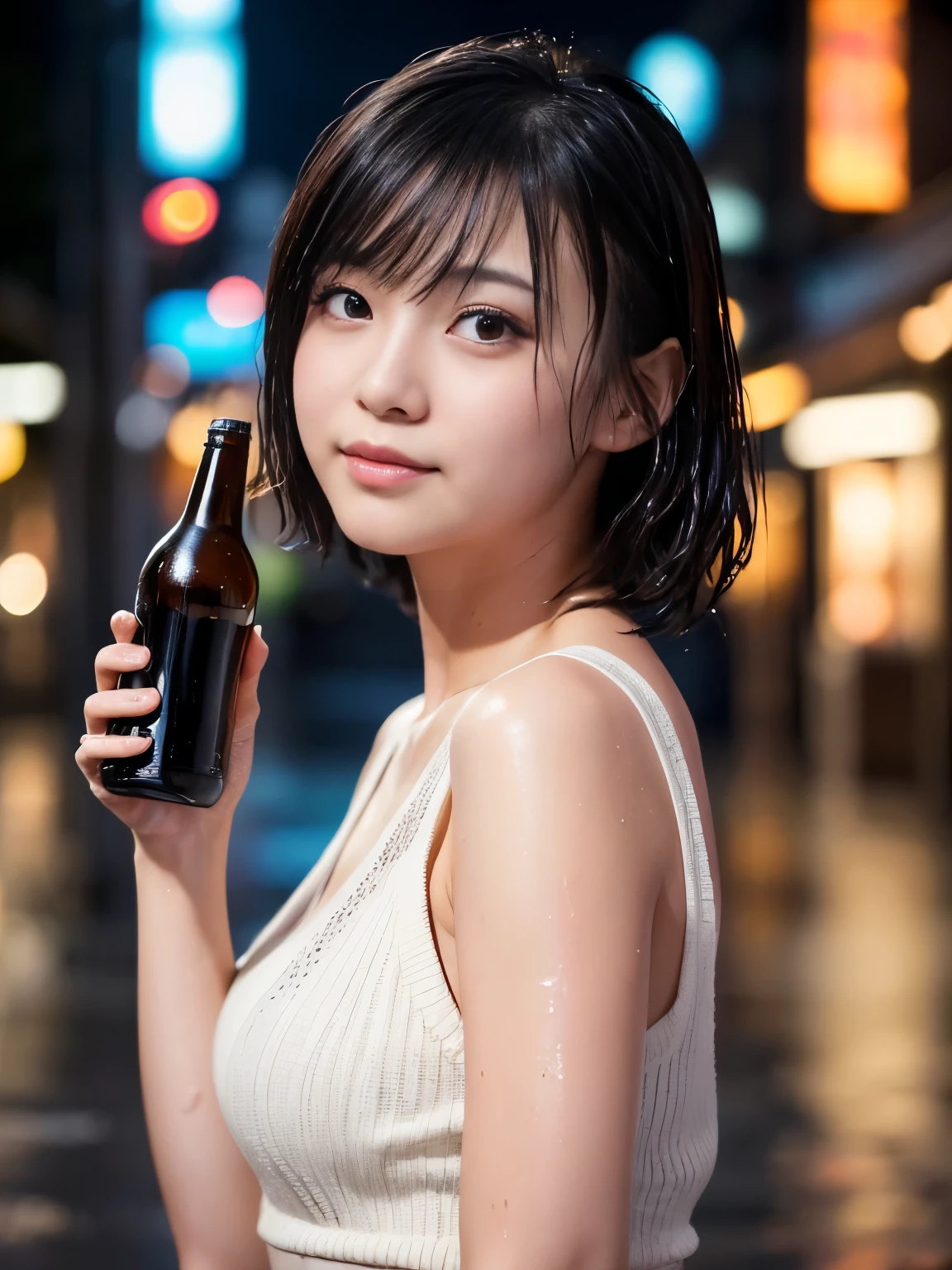 (Best-quality, Masterpiece, Ultra-High-Resolution, (Photorealistic:1.4), Raw Photo, depth of field, professional lighting, perfect anatomy, extremely details), 1girl, 15-years-old, the most famous Japanese idol, Midnight, On Main Street in Japan, (((completely-drunk))), raining heavily, holding one beer bottle with left hand, soaked all over by the heavy rain, ((extremely cute and extremely wet drunken-face from heavy-rain, ((extremely cute and extremely big drunken-eyes)), extremely cute and extremely wet black-short-cut-haired from heavy-rain, extremely beautiful and extremely wet drunken-skins from heavy-rain, extremely cute long-eyelashes, extremely cute lips, extremely cute and extremely wet body from heavy-rain))