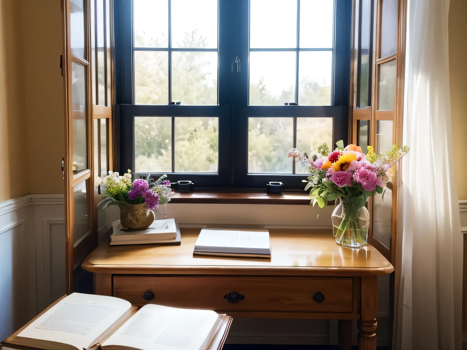 reality,desk,Bright,window,bouquet,beautiful,Literary style,,Clean,concise,neat