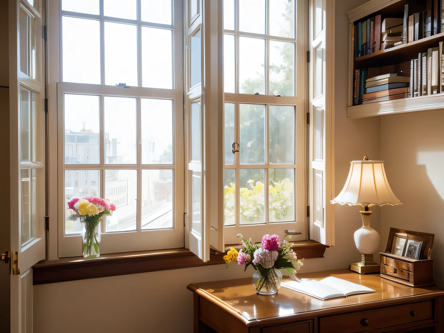 reality，desk，Bright，window，bouquet，beautiful，Literary style，，Clean，concise，neat