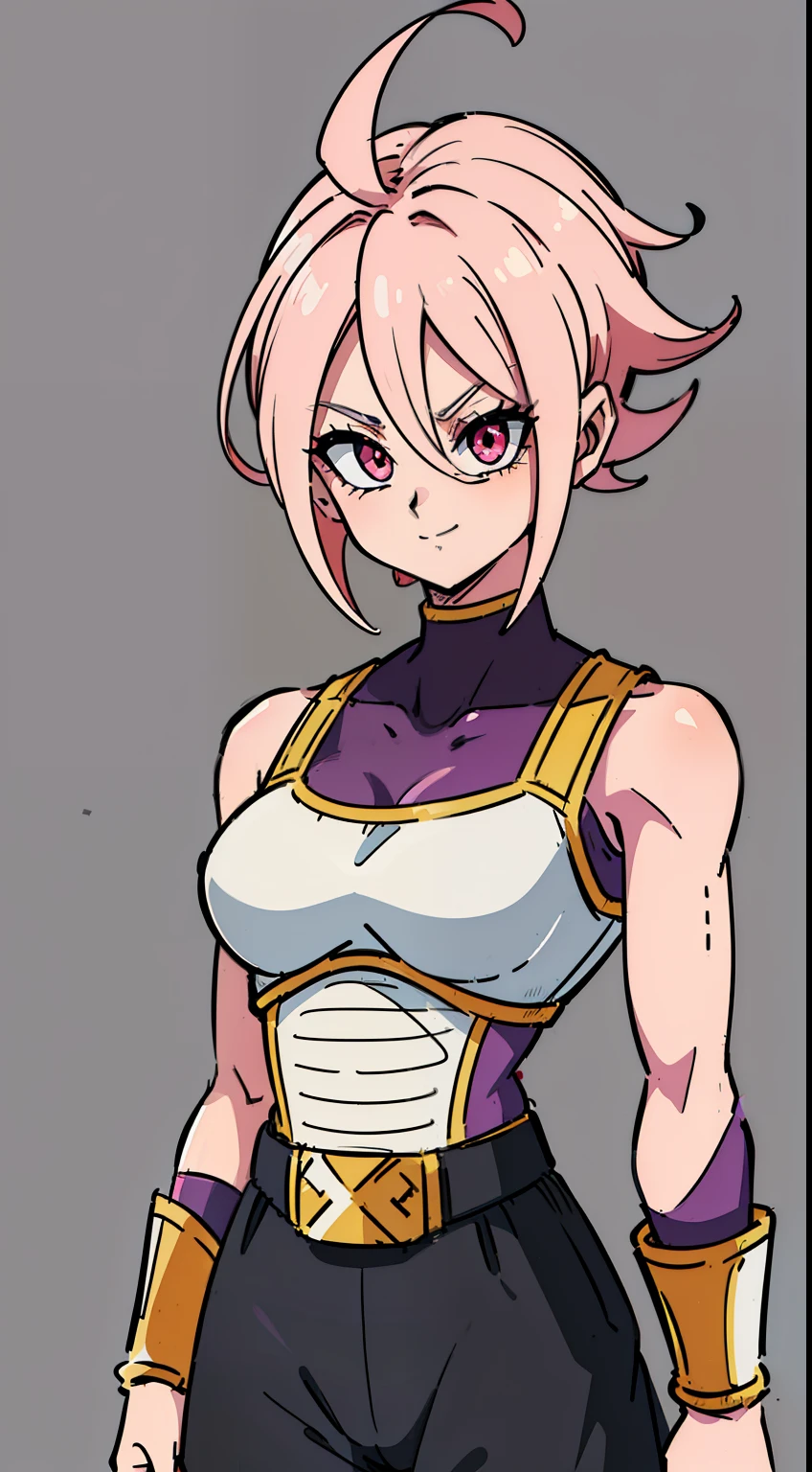 (high-quality, breathtaking),(expressive eyes, perfect face) Symmetrical Eyes, portrait, dragon ball z xenoverse 2, 1girl, female, alien, Majin Race, FMajin, Female Majin Buu, (pink skin:1.1), bubblegum pink skin color, red colored skin, smiling,(black sclera:1.2), red eyes, tentacle hair, black baggypants, belt, alien, M, shoulder holes, standing, no nose, grey background, medium cute length hair, wavy hair, hair between eyes, DBZ Saiyan armor, white armor, blue shirt, b4ttl3, saiyan armor
