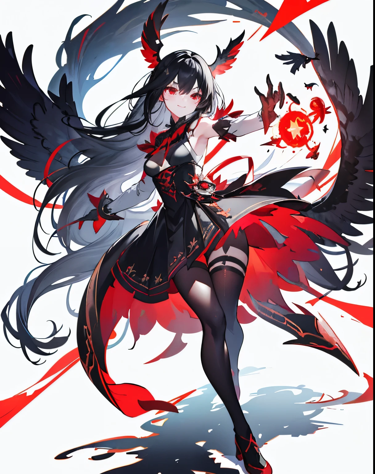 girl,Long Black Hair,masterpiece, highest quality, Super detailed, Downcast eyes,Tabletop, highest quality), (Perfect athletic body:1.2),8K High Resolution, Trend Art Station, White Background, Standing in the Wilderness,whole body、Equipped with Crow Gauntlets、triumphant smile、Small breasts、, As if smoke and shadows were given shape, Wings made from giant crows, Dancing crow feathers, Many glowing red eyes, Shadow Claw, Supernatural Lightning and Fire, ((Eight-pointed star symbol)), 8K High Resolution, Trend Art Station, whole body,Black Feather Gothic Dress、A whirlpool of countless red-eyed crows、Nuclear energy