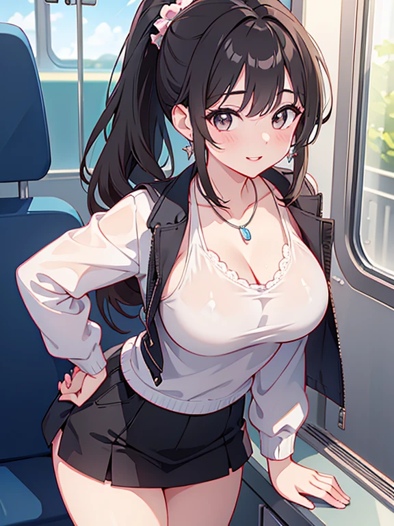 ((masterpiece)), ((best quality)), (ultra-detailed), ((kawaii)), cute, (lovely), ((sexy)), ((extremely detailed)), 4K, (8K), best quality, (beautiful), in the middle, on the train, daytime, summer, a pretty woman, solo, miniskirt, beautiful black hair, beautiful brown eyes, ((beautiful eyes)), white-skinned,long ponytail, swept bangs,lip, large breast, earrings, necklace, smile,parted lips,standing