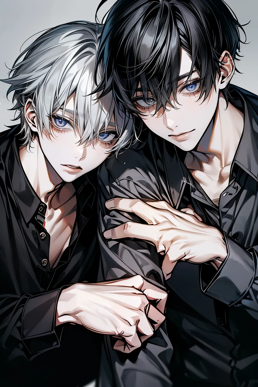 (Mastepiece), (Bestクォリティ), Very detailed, ((Two good friends:1.5)), Perfect Face, Beautiful Face, Very detailedな顔,(Black-haired man:1.3),(Grey-haired man:1.3)、shirt、Best