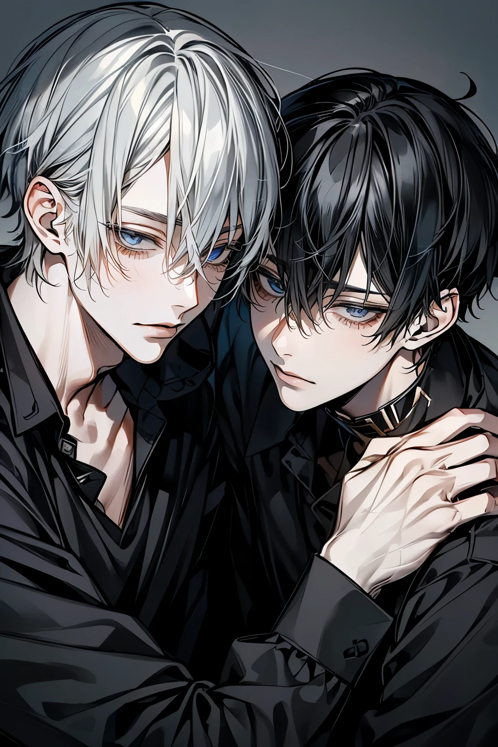 (Mastepiece), (Bestクォリティ), Very detailed, ((Two good friends:1.5)), Perfect Face, Beautiful Face, Very detailedな顔,(Black-haired man:1.3),(Grey-haired man:1.3)、shirt、Best