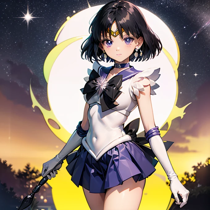 whole，high resolution，(sailor senshi uniform),Sailor Saturn，Black Hair，Cosmos，leotard，High leg，Purple Skirt，Knee-high boots，Elbow Handbags，Thick thighs，