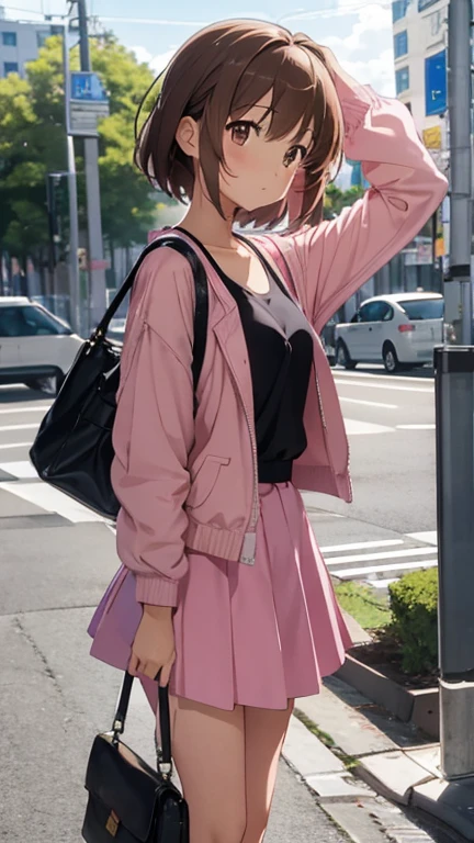 Maho Nishizumi,
Pink jacket,Pink Skirt,
Semi-short hair,Brown Hair,Brown Eyes,Small breasts,
Expressionless,shut up,From the side,
At the bus stop,In a collapsed position,Operating a mobile phone,At least one black shoulder bag,
Beautiful image quality,