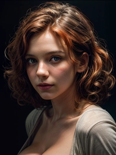 (close, Editing photos of a curly redhead girl.), (Highly detailed face:1.4) (smile:0.7) (Dark Background, Whimsical, personal research:1.3) tits(Ample breasts、Sexy cleavage,Open chest)Torn clothes,Ass,throw, Lee Jeffries, Nikon D850, Movie Photos ,4Portrait Code 400 ,Camera f1.6 Lenses ,Rich colors ,Surreal ,Realistic texture, Dramatic lighting , Movie Studio 800,