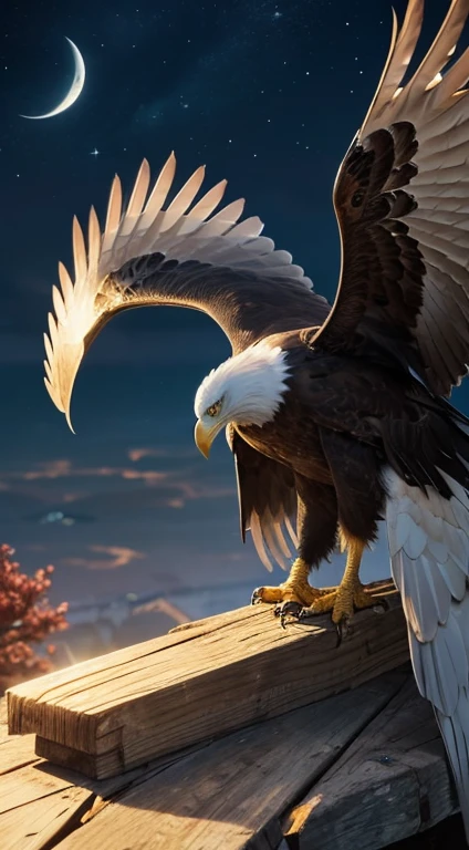 Eagle staring at the observer, (Tabletop), highest quality, (eagle)), (((no_human))), animal, feather, Shineing eyes, Scared,night, Horror, animal focus, wood, moon, Shine, dark，Anime drawings，Cool，Flapping wings，Spreading its wings