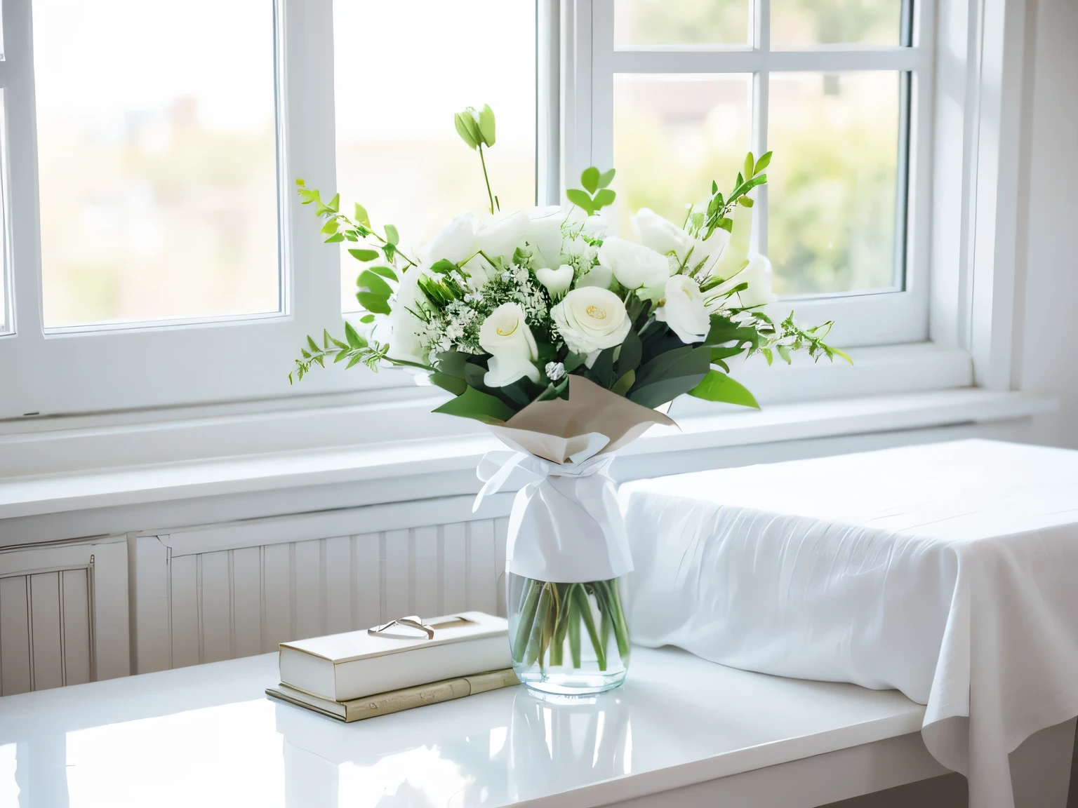 White,reality,table,Bright,window,Bouquet of flowers on the table,beautiful,Close-up art style,White,Clean,concise,neat,HD