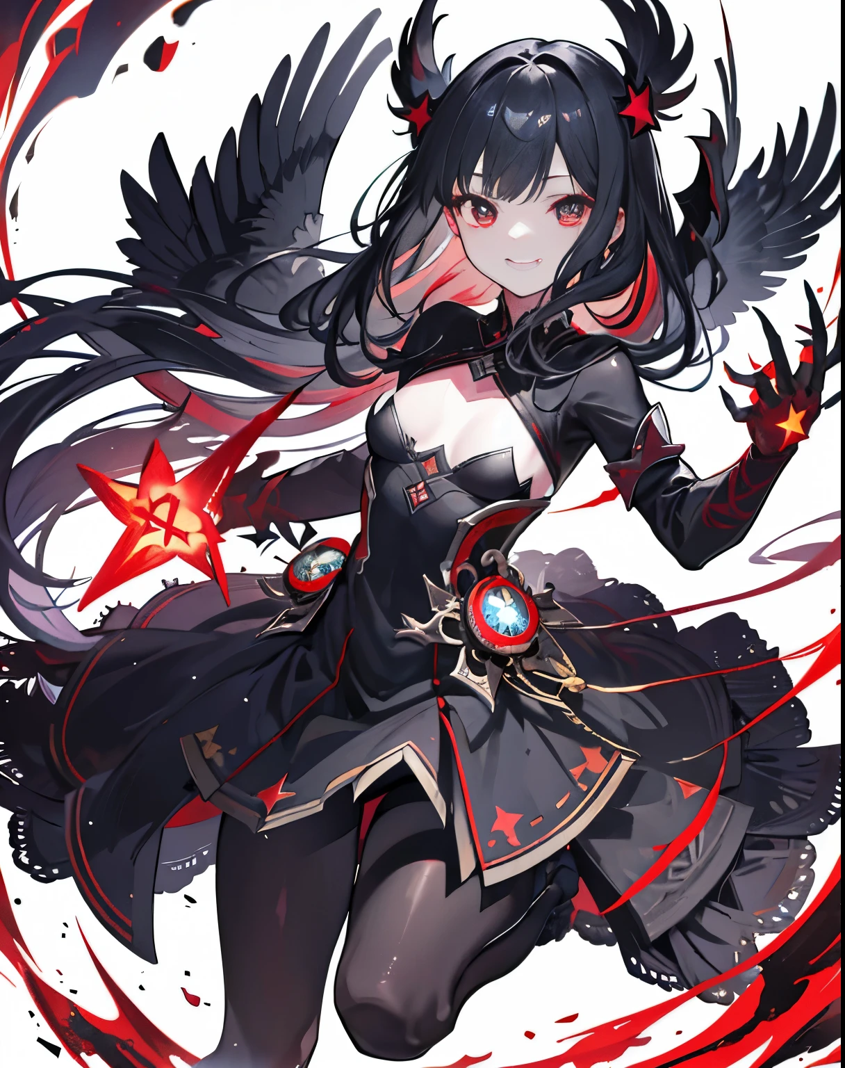 girl,Long Black Hair,masterpiece, highest quality, Super detailed, Downcast eyes,Tabletop, highest quality), (Perfect athletic body:1.2),8K High Resolution, Trend Art Station, White Background, Standing in the Wilderness,whole body、Equipped with Crow Gauntlets、triumphant smile、Small breasts、, As if smoke and shadows were given shape, Wings made from giant crows, Dancing crow feathers, Many glowing red eyes, Shadow Claw, Supernatural Lightning and Fire, ((Eight-pointed star symbol)), 8K High Resolution, Trend Art Station, whole body,Black Feather Gothic Dress、A whirlpool of countless red-eyed crows、Nuclear energy