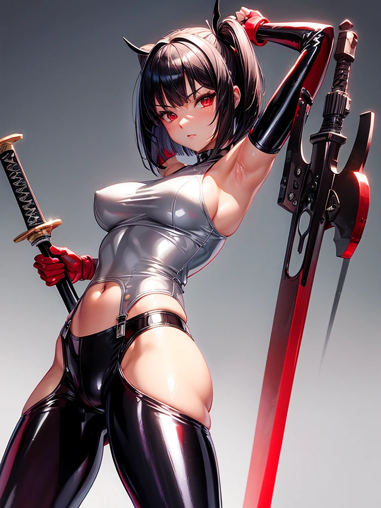 solo girl,Glossy metalic light silver tank top, tight latex shiny, Red interpolation color,Black hair bob,red eyes, camel toe, Samurai Sword,
Lift one leg, sexy lady,