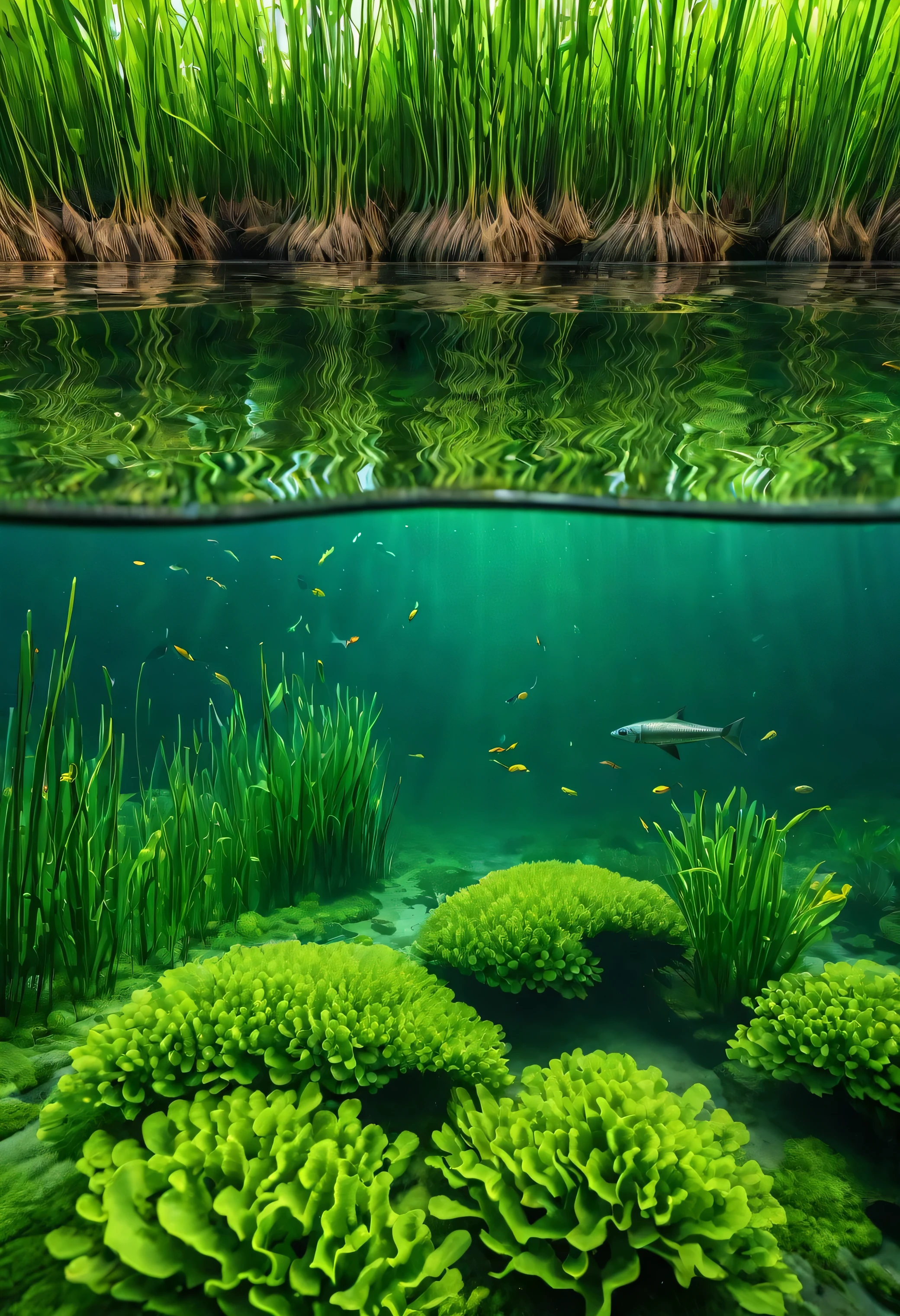 a photoPractical scene of a river with fresh clean water, A unique marine fish that swims underwater, The surrounding area is full of lush green algae and tall reeds., River cross section，Trees line both sides of the river, (best quality,4k,8K,High resolution,masterpiece:1.2),Extremely detailed,(Practical,photoPractical,photo-Practical:1.37),Detailed underwater scenes,stunning Practical lighting,Dynamic underwater composition,Dramatic water reflections,Complex fish anatomy,Vibrant green algae,detailed foliage,tranquil natural setting
