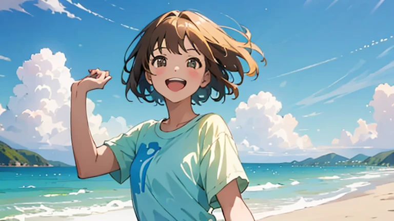(masterpiece, highest quality, highest quality, Official Art, beautifully、beautiful:1.2), 1 girl,Daytime,blue sky,Sandy Beach,Cute older sister,Short sleeve,Pastel colored clothes,front,Bob Hair,hair color: Brown,Laughing with mouth open,I can see from head to toe,whole body,While looking up at the distant sky