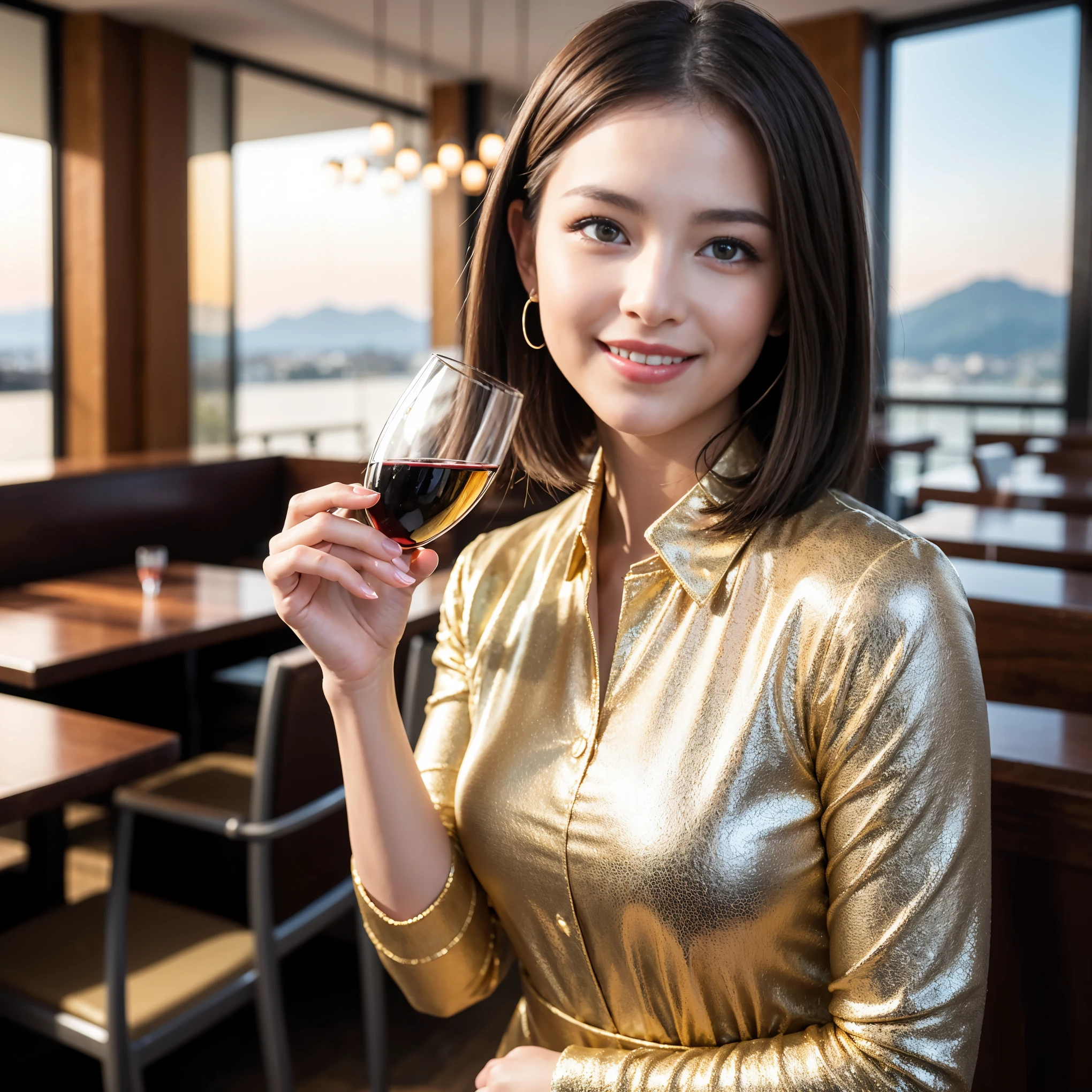 ((highest quality、8k、masterpiece:1.3))、1 male、1 female、Couple、Spouse、Couple、The body is slim、((Bob Hale、Straight hair:1.2)), (Realistic, Intricate details:1.2), テーブルの上のwine glass、Shine light on your face、 Amazing view of the sunset sky and clouds、Amazing mountain views、A bright smile、The wonderfulness of smile、Bright image、The beauty of wine, Beautiful Face, blue eyes, The light shines on your face, Blushing, short hair,Bright Face、 (Age 37), 39 years old, red wine 、Appetizers、Italian food、Wine bottle、Champagne、sparkling wine、Two beauties、Brown Hair、Shortcuts、Long sleeve shirt、dress、Pretty Woman 1, (slimな顔), (The body is slim), (Brown Hair), (Shortcuts), cheeks turn a little red,Attractive beauty、restaurant, In a prominent place (From the waist up) Nova Frog Style, actress, model, Upper Body, White wine, slim, wine glass, 中央に置かれたwine glass, smile, (smile: 1.15), Beautiful fine grain, Depth f/2,saturation, High Contrast, Strong light and shadow,Moist Body:1.5、3D texture、Delicate eyes、Brown Hair、The hair is very shiny、