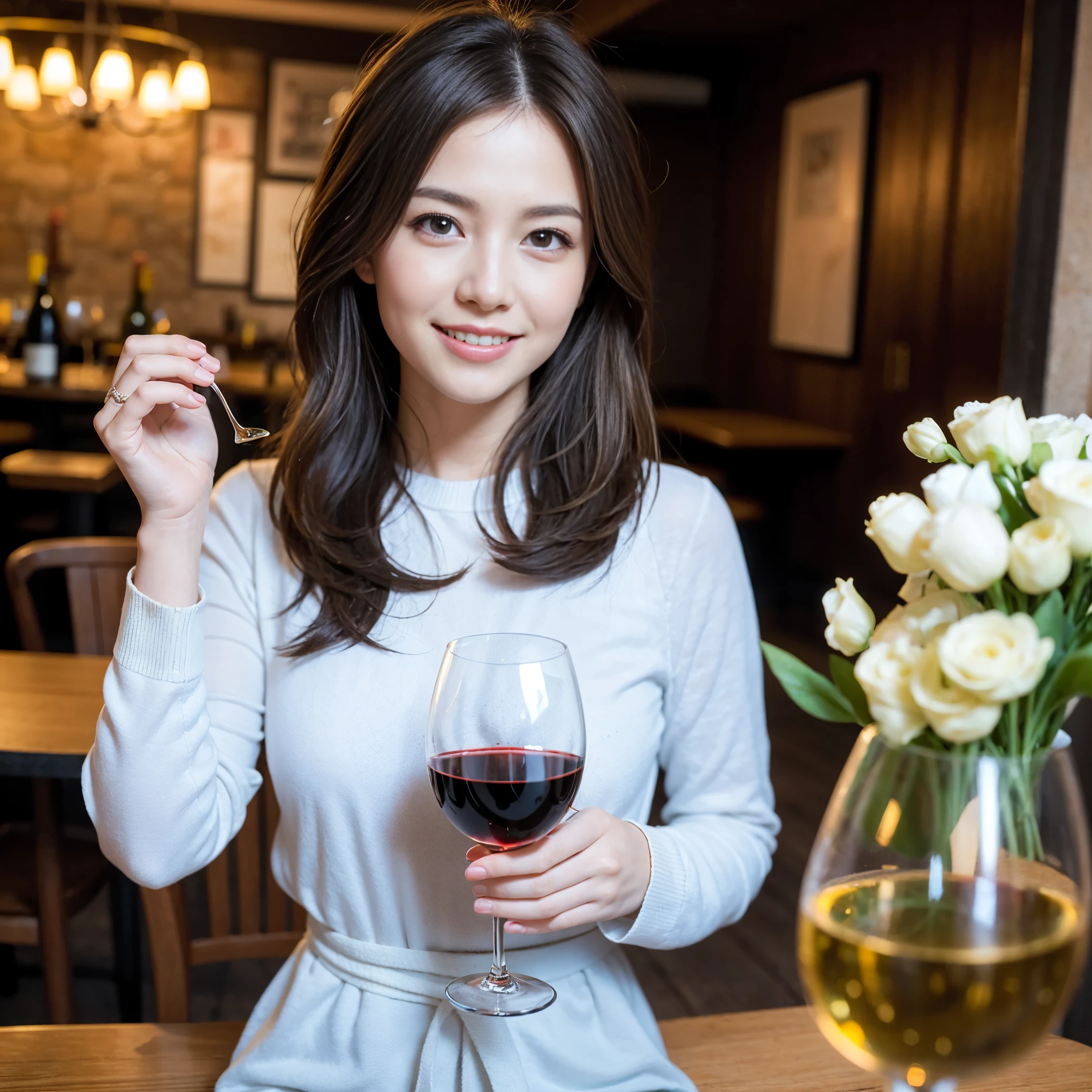 ((highest quality、8k、masterpiece:1.3))、1 male、1 female、Couple、Spouse、Couple、The body is slim、((Bob Hale、Straight hair:1.2)), (Realistic, Intricate details:1.2), テーブルの上のwine glass、Shine light on your face、 Amazing view of the sunset sky and clouds、Amazing mountain views、A bright smile、The wonderfulness of smile、Bright image、The beauty of wine, Beautiful Face, blue eyes, The light shines on your face, Blushing, short hair,Bright Face、 (Age 37), 39 years old, red wine 、Appetizers、Italian food、Wine bottle、Champagne、sparkling wine、Two beauties、Brown Hair、Shortcuts、Long sleeve shirt、dress、Pretty Woman 1, (slimな顔), (The body is slim), (Brown Hair), (Shortcuts), cheeks turn a little red,Attractive beauty、restaurant, In a prominent place (From the waist up) Nova Frog Style, actress, model, Upper Body, White wine, slim, wine glass, 中央に置かれたwine glass, smile, (smile: 1.15), Beautiful fine grain, Depth f/2,saturation, High Contrast, Strong light and shadow,Moist Body:1.5、3D texture、Delicate eyes、Brown Hair、The hair is very shiny、