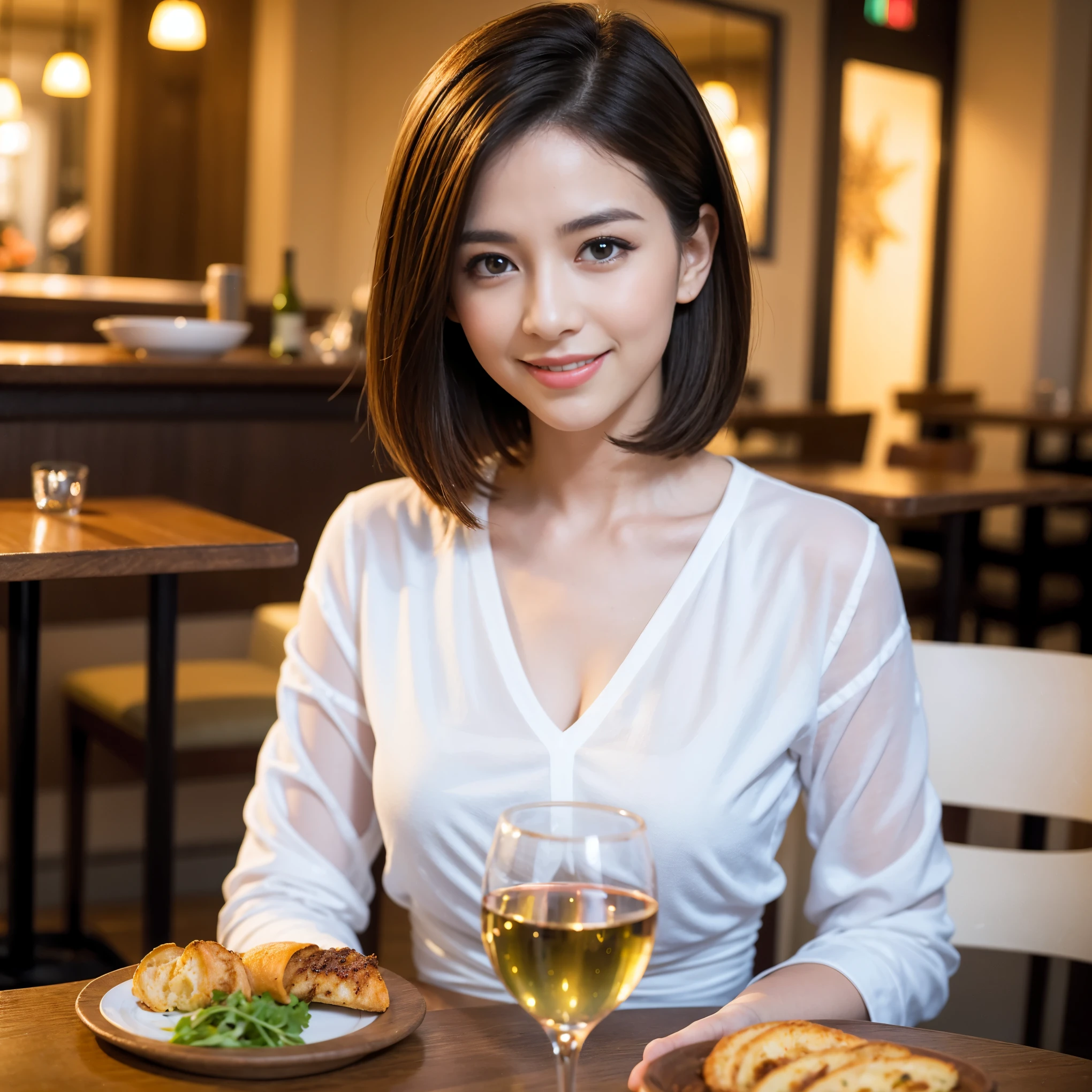 ((highest quality、8k、masterpiece:1.3))、1 male、1 female、Couple、Spouse、Couple、The body is slim、((Bob Hale、Straight hair:1.2)), (Realistic, Intricate details:1.2), テーブルの上のwine glass、Shine light on your face、 Amazing view of the sunset sky and clouds、Amazing mountain views、A bright smile、The wonderfulness of smile、Bright image、The beauty of wine, Beautiful Face, blue eyes, The light shines on your face, Blushing, short hair,Bright Face、 (Age 37), 39 years old, red wine 、Appetizers、Italian food、Wine bottle、Champagne、sparkling wine、Two beauties、Brown Hair、Shortcuts、Long sleeve shirt、dress、Pretty Woman 1, (slimな顔), (The body is slim), (Brown Hair), (Shortcuts), cheeks turn a little red,Attractive beauty、restaurant, In a prominent place (From the waist up) Nova Frog Style, actress, model, Upper Body, White wine, slim, wine glass, 中央に置かれたwine glass, smile, (smile: 1.15), Beautiful fine grain, Depth f/2,saturation, High Contrast, Strong light and shadow,Moist Body:1.5、3D texture、Delicate eyes、Brown Hair、The hair is very shiny、