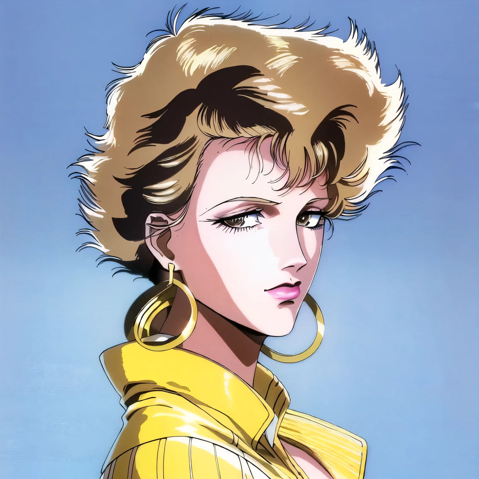 blond woman with a bright yellow jacket and big hoop earrings, 8 0's hairstyle, 80s hair, 1 9 8 0 s hairsprayed hair, eighties-pinup style, eighties pinup style, eighties look, 8 0 s haircut, 1 9 8 0 s woman, 8 0 ’ s portrait, 80s style, 8 0 s style