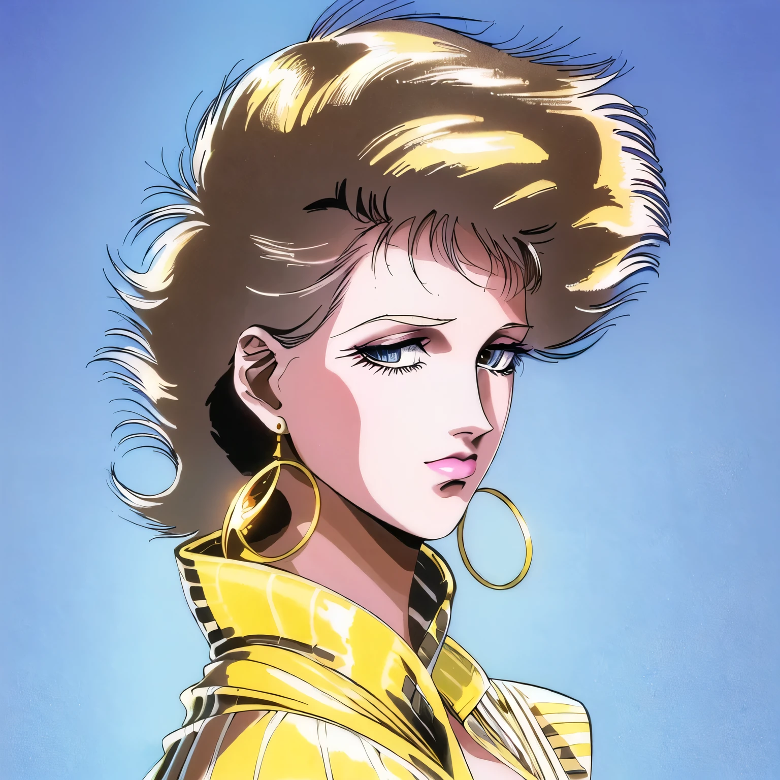 blond woman with a bright yellow jacket and big hoop earrings, 8 0's hairstyle, 80s hair, 1 9 8 0 s hairsprayed hair, eighties-pinup style, eighties pinup style, eighties look, 8 0 s haircut, 1 9 8 0 s woman, 8 0 ’ s portrait, 80s style, 8 0 s style