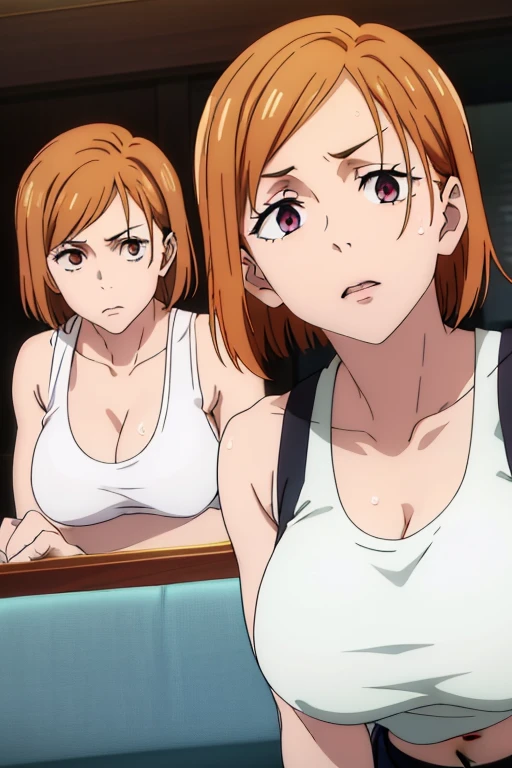(Best Quality, masterpiece, High resolution, anime screen cap, anime colours), Orange hair, Nobara Kugisaki, Lewd Face:1.3, (large full breasts:1.5), cleavage, (Thin fabric, White tank top:1.8, no-bra:1.5), Slimed, Leaning forward, Upper body, Bedrooms, (Perfect Anatomy, perfect detailed body, Eyes and hair in beautiful detail, Beautiful breasts and skin), nipples hard, nipples visible, armpits, armpits visible, wet clothes