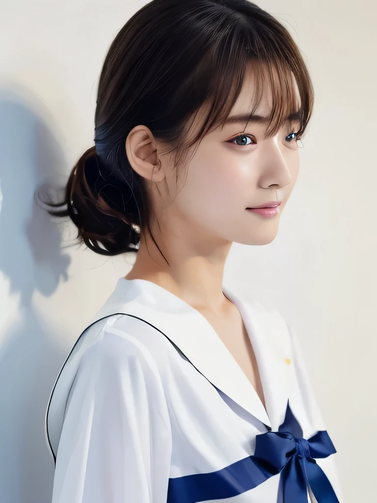 A close up of a woman with a white shirt and blue bow - SeaArt AI
