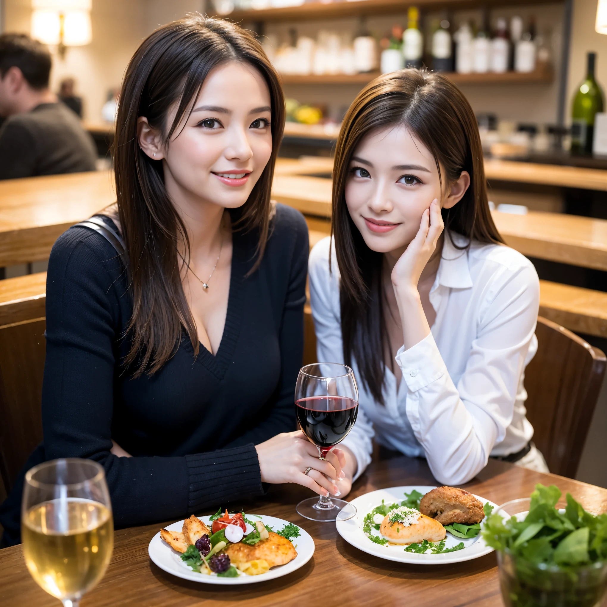 ((highest quality、8k、masterpiece:1.3))、1 male、1 female、Couple、Spouse、Couple、The body is slim、((Bob Hale、Straight hair:1.2)), (Realistic, Intricate details:1.2), テーブルの上のwine glass、Shine light on your face、 Amazing view of the sunset sky and clouds、Amazing mountain views、A bright smile、The wonderfulness of smile、Bright image、The beauty of wine, Beautiful Face, blue eyes, The light shines on your face, Blushing, short hair,Bright Face、 (Age 37), 39 years old, red wine 、Appetizers、Italian food、Wine bottle、Champagne、sparkling wine、Two beauties、Brown Hair、Shortcuts、Long sleeve shirt、dress、Pretty Woman 1, (slimな顔), (The body is slim), (Brown Hair), (Shortcuts), cheeks turn a little red,Attractive beauty、restaurant, In a prominent place (From the waist up) Nova Frog Style, actress, model, Upper Body, White wine, slim, wine glass, 中央に置かれたwine glass, smile, (smile: 1.15), Beautiful fine grain, Depth f/2,saturation, High Contrast, Strong light and shadow,Moist Body:1.5、3D texture、Delicate eyes、Brown Hair、The hair is very shiny、