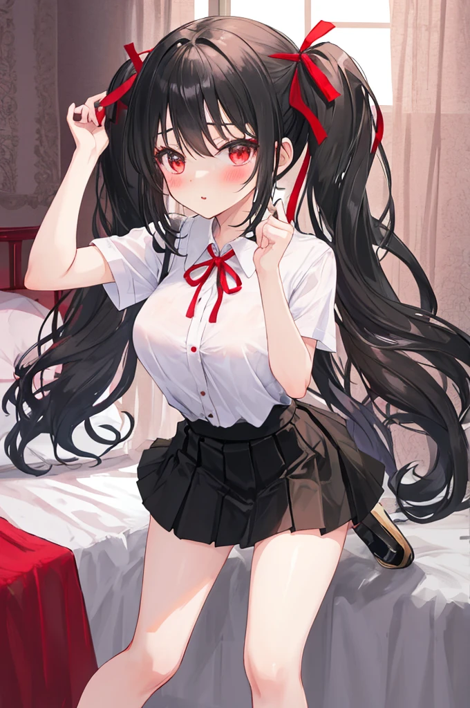 A woman with big ,Black long hair,twintails,Exquisite,Red ribbon,Loose collar,Slim waist,pubic,Playful skirt,Thin legs,blush,bedroom,A cute daughter,