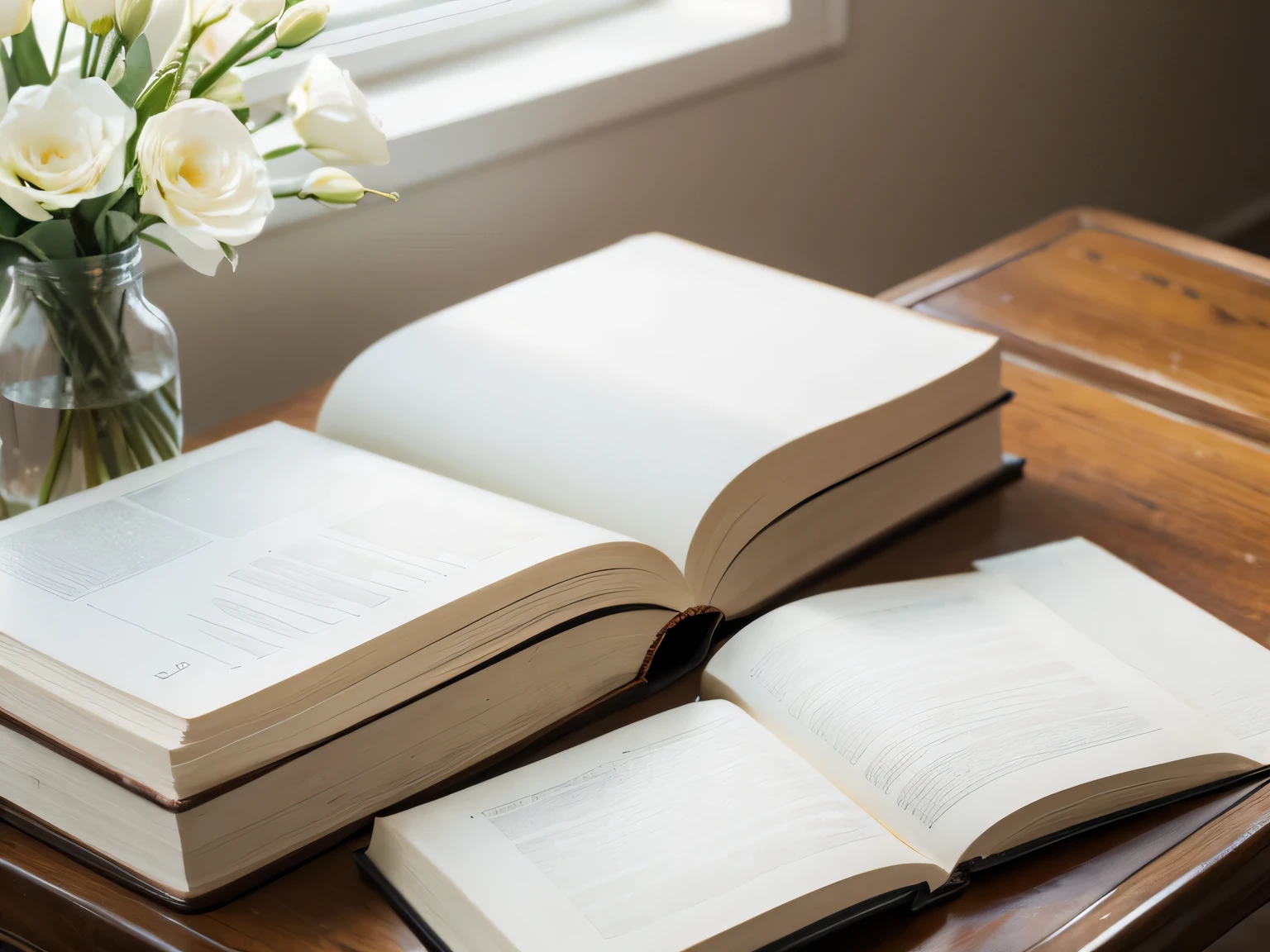 White,table,study,Close shot,open,clean,Stacked books,Fake flowers,Ultra HD