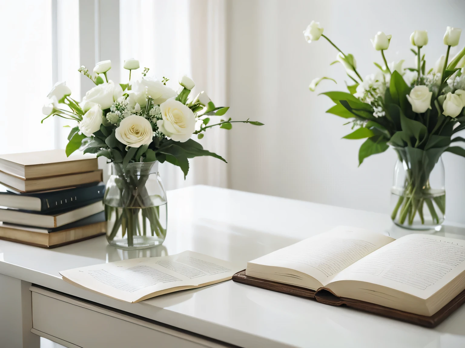 White,table,study,Close shot,open,clean,Stacked books,Fake flowers,Ultra HD