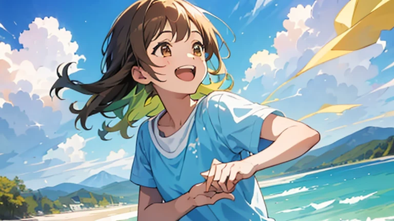 (masterpiece, highest quality, highest quality, Official Art, beautifully、beautiful:1.2), 1 girl,Daytime,blue sky,Sandy Beach,Cute older sister,Short sleeve,Pastel colored clothes,front,Long Hair,hair color: Brown,Laughing with mouth open,Everything from head to toe,whole body,While looking up at the distant sky
