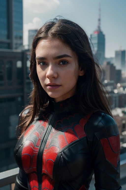 (1girl:1.3), Solo, (((Very detailed face)))), ((Very detailed eyes and face)))), Beautiful detail eyes, Body parts__, Official art, Unified 8k wallpaper, Super detailed, beautiful and beautiful, beautiful, masterpiece, best quality, original, masterpiece, super fine photo, best quality, super high resolution, realistic realism, sunlight, full body portrait, amazing beauty, dynamic pose, delicate face, vibrant eyes, (from the front), She wears Spider-Man suit, red and black color scheme, spider, very detailed city roof background, rooftop, overlooking the city, detailed face, detailed complex busy background, messy, gorgeous, milky white, highly detailed skin, realistic skin details, visible pores, clear focus, volumetric fog, 8k uhd, DSLR, high quality, film grain, fair skin, photo realism, lomography, futuristic dystopian megalopolis, translucent