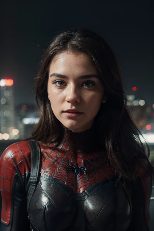 (1girl:1.3), Solo, (((Very detailed face)))), ((Very detailed eyes and face)))), Beautiful detail eyes, Body parts__, Official art, Unified 8k wallpaper, Super detailed, beautiful and beautiful, beautiful, masterpiece, best quality, original, masterpiece, super fine photo, best quality, super high resolution, realistic realism, sunlight, full body portrait, amazing beauty, dynamic pose, delicate face, vibrant eyes, (from the front), She wears Spider-Man suit, red and black color scheme, spider, very detailed city roof background, rooftop, overlooking the city, detailed face, detailed complex busy background, messy, gorgeous, milky white, highly detailed skin, realistic skin details, visible pores, clear focus, volumetric fog, 8k uhd, DSLR, high quality, film grain, fair skin, photo realism, lomography, futuristic dystopian megalopolis, translucent