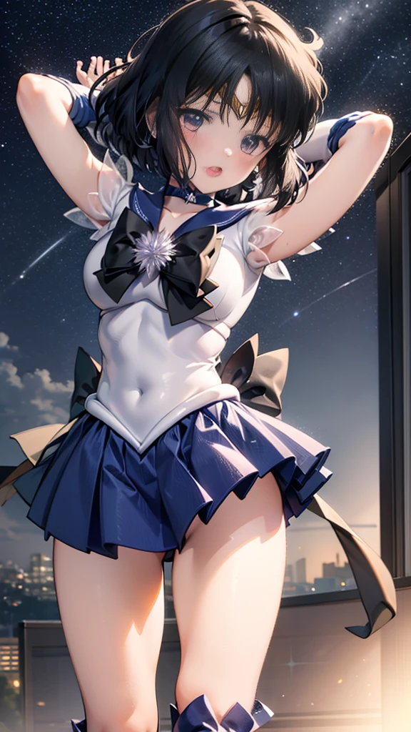 whole，high resolution，Detailed Description，highest quality，(sailor senshi uniform),Sailor Saturn，Black Hair，Cosmos，leotard，High leg，Purple Skirt，Knee-high boots，Elbow Handbags，Thick thighs，The skirt is short,スカートの下に白色のleotardが見える，The skirt is blown away by the wind，Defenseless crotch，blush，Embarrassed expression，Open your mouth，