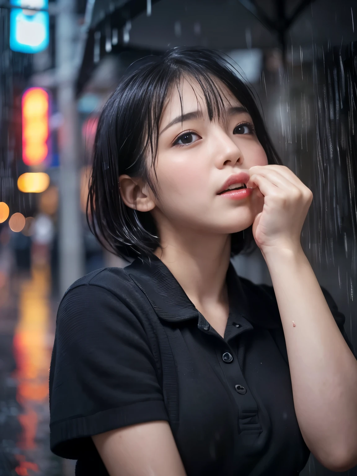 (Best-quality, Masterpiece, Ultra-High-Resolution, (Photorealistic:1.4), Raw Photo, depth of field, professional lighting, perfect anatomy, extremely details), 1girl, 15-years-old, the most famous Japanese idol, Midnight, On Main Street in Japan, (((completely-drunk):1.4)), raining heavily, soaked all over by the heavy rain, ((extremely cute and extremely wet drunken-face from heavy-rain, ((extremely cute and extremely big drunken-eyes)), extremely cute and extremely wet black-short-cut-haired from heavy-rain, extremely beautiful and extremely wet drunken-skins from heavy-rain, extremely cute long-eyelashes, extremely cute lips, extremely cute and extremely wet body from heavy-rain)), ((detailed heavy-rain):1.3)