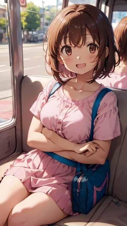 Maho Nishizumi,
Pink jacket,Pink Skirt,
Semi-short hair,Brown Hair,Brown Eyes,Small breasts,
Smiling expression,Open your mouth,from the front,Summer season,Holding a soft drink,
Inside the bus,Broken posture,Sit in your seat,At least one shoulder bag,
Beautiful image quality,
