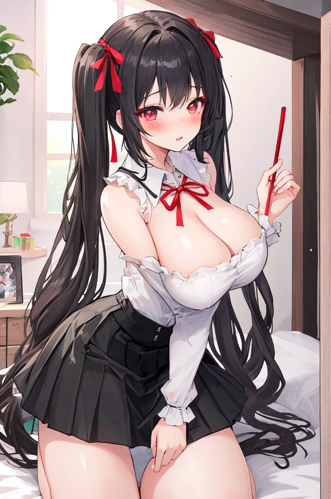 A woman with big ,Black long hair,twintails,Exquisite,Red ribbon,sleeveless,Loose collar,Slim waist,pubic,Playful skirt,blush,bedroom,A cute daughter,make up,