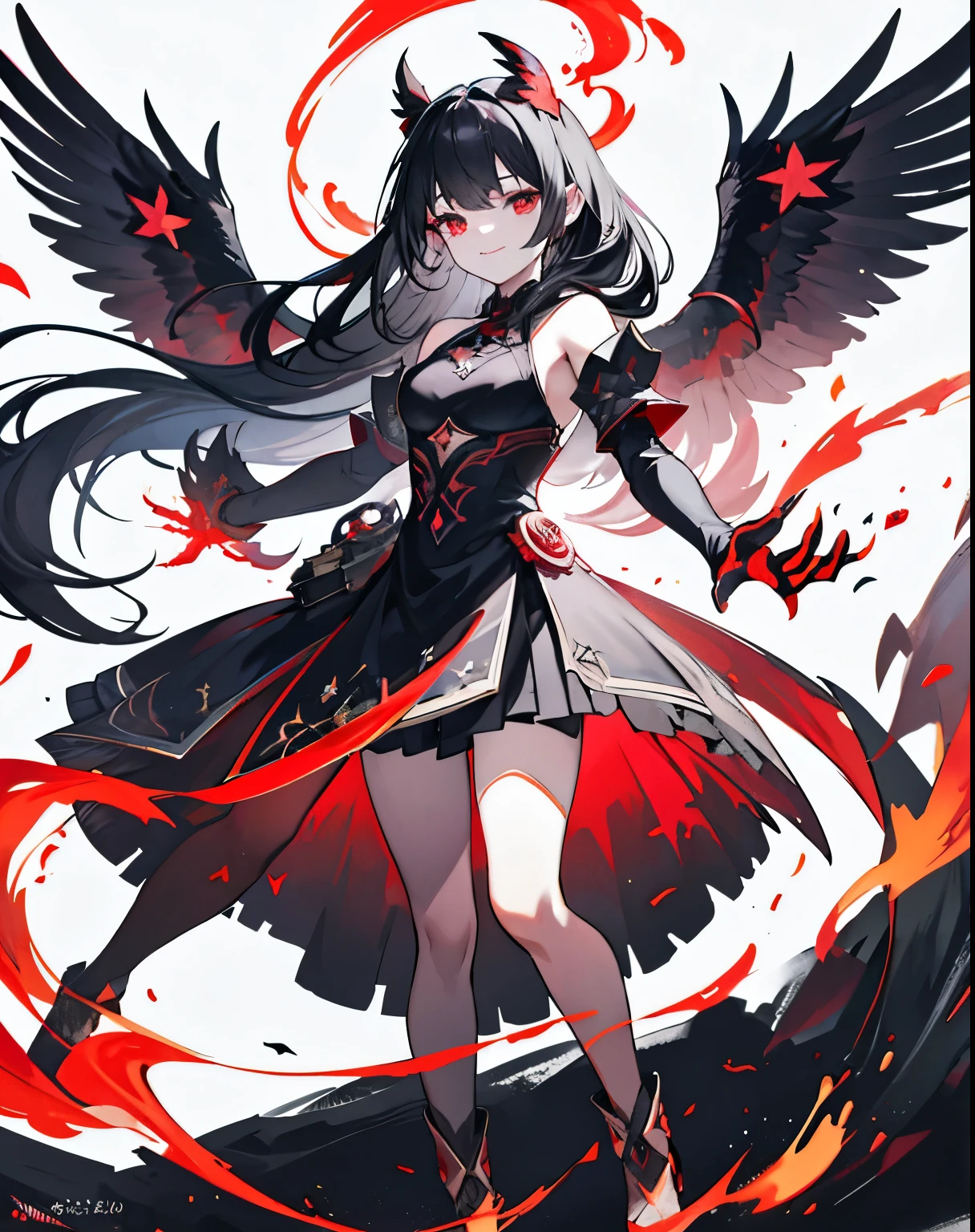 girl,Long Black Hair,masterpiece, highest quality, Super detailed, Downcast eyes,Tabletop, highest quality), (Perfect athletic body:1.2),8K High Resolution, Trend Art Station, White Background, Standing in the Wilderness,whole body、Equipped with Crow Gauntlets、triumphant smile、Small breasts、, As if smoke and shadows were given shape, Wings made from giant crows, Dancing crow feathers, Many glowing red eyes, Shadow Claw, Supernatural Lightning and Fire, ((Eight-pointed star symbol)), 8K High Resolution, Trend Art Station, whole body,Black Feather Gothic Dress、A whirlpool of countless red-eyed crows、Nuclear energy