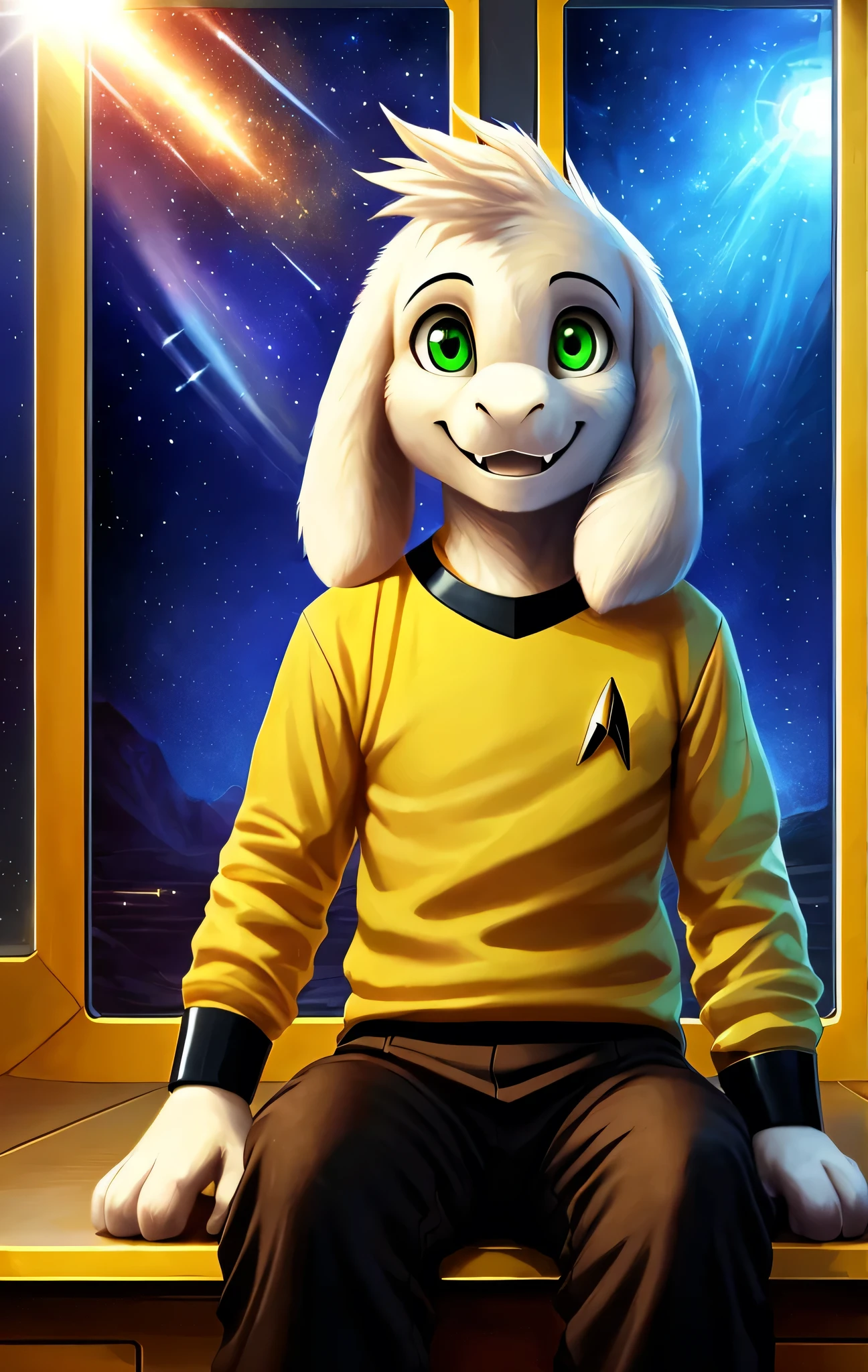1boy,(( )),, pants, solo, , sit, backlit, artistic composition,, inside the star trek enterprise, halo, dramatic, dynamic pose, smiling, happy, great composition, intricate flower designs, adorable, (yellow shirt with black cuffs, brown pants), (best quality, ultra-detailed, best illustration, masterpiece, high res, professional artwork, famous artwork), realistic paint, (insane detailed eyes, green shine eyes), white fur, detailed realistic painting, male, detailed white fur, asriel, portrait, detailed hands, shaded, four fingers, insane details, looking forward, cartoon, cute