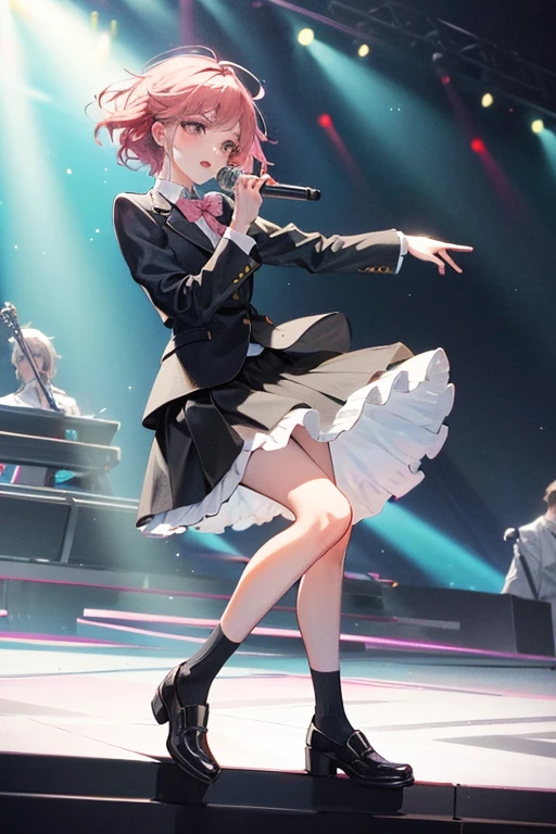 Girl. Short pink hair. With suit and skirt. Idol