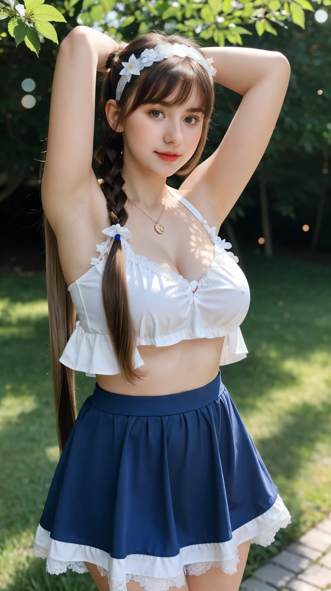 Georgeous, Beautiful, Russian , 18 Years Old, Whitkin, Cleavage, Large Colossal Breasts, Sexy Look, Sleeveless, (White Lace Lolita), (Embroidery), Flower Headband, Holdup Stocking, Mini Skirt, ((Bright Retina)), Open Mouth, ((Muscles:1.3)), ((Bokeh1.3)), Empty Land Outdoor, Masterpiece, ((Bangs Hair Twintail)), ((Long Hair:1.3)), (Blue Sky), (HDR), ((Centre:1.1)), ((Armpits:1.1))