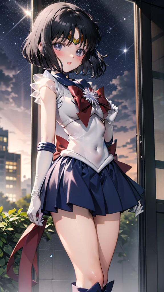 whole，high resolution，Detailed Description，highest quality，(sailor senshi uniform),Sailor Saturn，Black Hair，Cosmos，leotard，High leg，Purple Skirt，Knee-high boots，Elbow Handbags，Thick thighs，The skirt is short,スカートの下に白色のleotardが見える，The skirt is blown away by the wind，Defenseless crotch，blush，Embarrassed expression，Open your mouth，