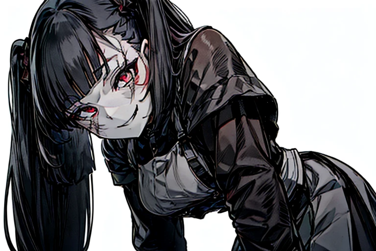 Bite, Attack, From below、Low - Angle、From below、White background、Black pleated skirt、Horror、Goth Punk、Long Hair、Twin tails、Disheveled Hair、length、Blunt bangs、Ahegao ( fool / Sexual Ecstasy)、Dark shades、Maid、Black Hair、Grinning smile,