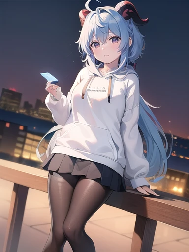 (masterpiece:1.3),((High resolution)),((high quality)),((Super detailed))、One girl、Perfect balance、Perfect Face、Detailed face、Cute Face、beautiful詳細な目、Expressive eyes、Cute eyes、Shiny eyes、Perfect body、beautiful体、((8K Wallpaper)) ,(8K),Shine, Shine光, (Perfect in hand :1.7),Ray Tracing,Perfect lighting, Shine目, (Watching the audience,smile:1.1), (Mature Woman:1.4),Ganyu ,Light blue hair、Purple eyes, horn, ((smile)),((弾けるようなsmile)),Long Hair,sneakers, ((Black Pantyhose)) , (White hooded sweatshirt:1.5) , ((Panty stocking)) , shoes、((Checkered Skirt:1.2)), ((head shot))、Embarrassing、blush、beautiful女の子、Cute Face、beautiful顔、Cute Face、beautiful、Good anatomy、smile、Mistress Pose,  smile, blush, Outdoor, Day, blue sky, empty, Watching the audience, Moody lighting, In-person audience、((Are standing))、((snfw:1.5))、From below
