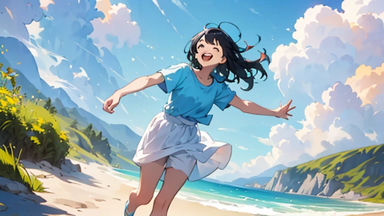 (masterpiece, highest quality, highest quality, Official Art, beautifully、beautiful:1.2), 1 girl,Daytime,blue sky,Sandy Beach,Cute older sister,Short sleeve,Pastel colored clothes,front,Long Hair,Black Hair,Laughing with mouth open,Everything from head to toe,whole body,While looking up at the distant sky