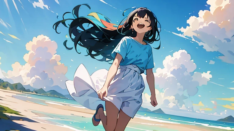 (masterpiece, highest quality, highest quality, Official Art, beautifully、beautiful:1.2), 1 girl,Daytime,blue sky,Sandy Beach,Cute older sister,Short sleeve,Pastel colored clothes,front,Long Hair,Black Hair,Laughing with mouth open,Everything from head to toe,whole body,While looking up at the distant sky