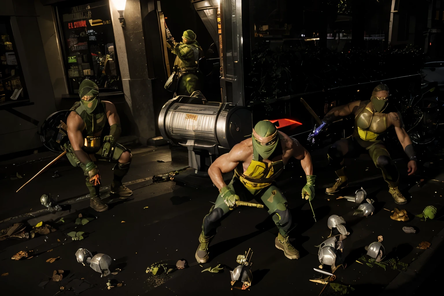 (Best quality, 8k, 32k, Masterpiece, UHD:1.2) Transform the setting of this image to feature the Teenage Mutant Ninja Turtles on the streets of New York City, engaging in battle with Mousers. The environment should showcase the urban landscape with detailed buildings, street elements, and a vibrant city atmosphere.
Introduce the Teenage Mutant Ninja Turtles in dynamic battle stances, actively fighting the Mousers. They should have realistic reptilian details and textures while maintaining their humanoid appearance. Leonardo, with a textured blue bandana, should have smooth, greenish-brown skin and a detailed shell featuring subtle patterning. Michelangelo, wearing an orange bandana, should have a speckled, olive-green skin tone with webbed fingers and toes. Donatello, in a purple bandana, should exhibit darker, rugged skin with patches of mottled brown. Raphael, sporting a red bandana, should have rougher skin texture with visible veins and a deep green hue.
Highlight their reptilian nature with realistic skin textures, scales, and moist surfaces. Each turtle should be depicted in a unique battle stance, showcasing their agility and combat readiness, with their iconic weapons visible. The Mousers should have a sleek, metallic texture, reflecting light realistically to emphasize their mechanical nature.
The lighting should be dynamic, with contrasted shadows and highlights that accentuate their forms and the details of their surroundings. Utilize the environmental lighting from the city, such as streetlights, neon signs, and illuminated windows, to cast realistic glows and reflections on the turtles, Mousers, and urban elements.
Ensure the scene captures the energy and excitement of the turtles battling Mousers in the bustling streets of New York City, with the towering buildings and city lights providing a dramatic and engaging backdrop.