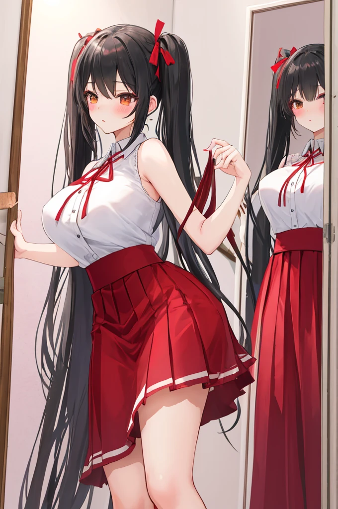 A woman with big ,Black long hair,twintails,Exquisite,Red ribbon,sleeveless,Loose collar,Slim waist,pubic,Playful skirt,blush,A cute daughter,Dressing room,