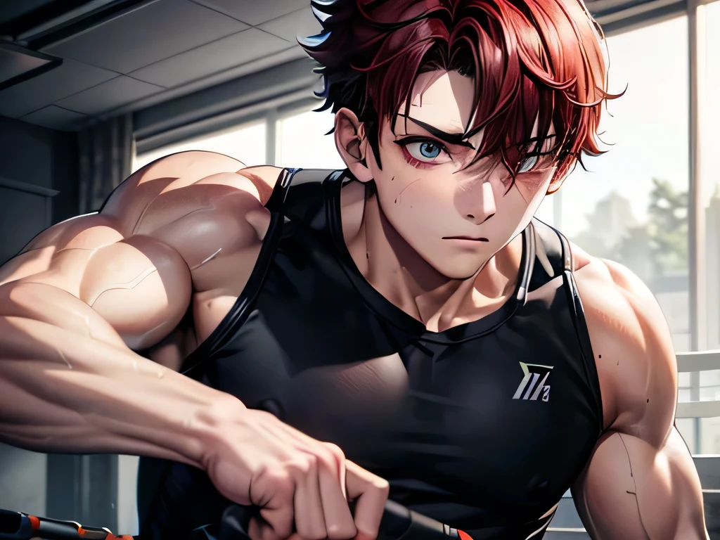 A 17 year old boy with two scars, one diagonal crossing his left eye and another across his nose, deep black right eye, white blind left eye, straight blood red hair almost covering his blind left eye, a muscularly lean body with strong shoulders, wearing a kendo outfit in school's gymnasium