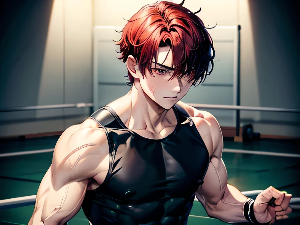 A 17 year old boy with two scars, one diagonal crossing his left eye and another across his nose, deep black right eye, white blind left eye, straight blood red hair almost covering his blind left eye, a muscularly lean body with strong shoulders, wearing a kendo outfit in school's gymnasium