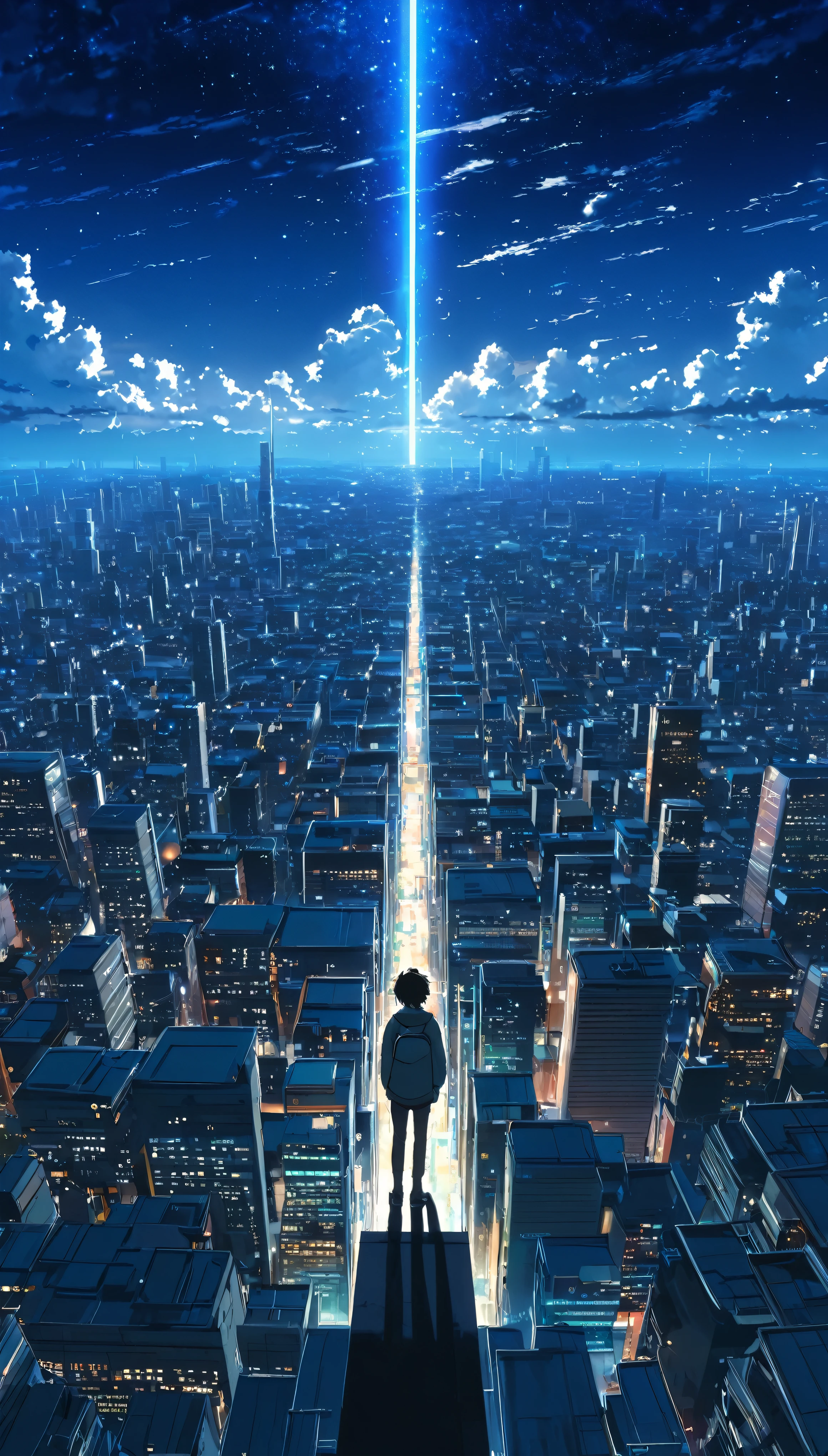 anime screensaver of a city with a person standing on a ledge, cosmic skies. by makoto shinkai, makoto shinkai!, makoto shinkai. —h 2160, makoto shinkai!!, ( ( makoto shinkai ) ), makoto shinkai cyril rolando, by makoto shinkai, by Makoto Shinkai